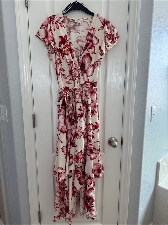 Kate And Lily Dresses & Skirts - Floral Faux Wrap High-Low Dress in Cream and Burgundy